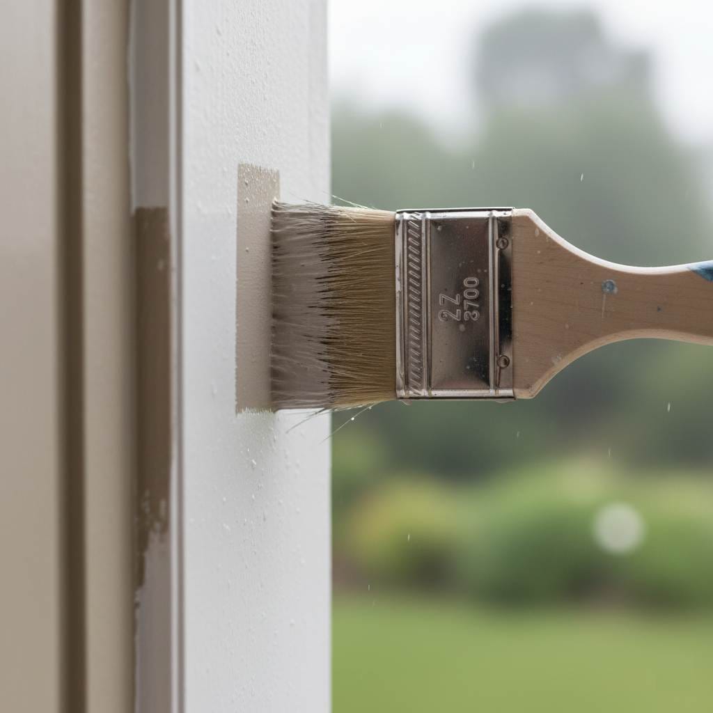 Image of Paint Pro New England "cutting in" in Holliston, Massachusetts. Image is of a paintbrush painting off white paint on a house. Trees in distance.