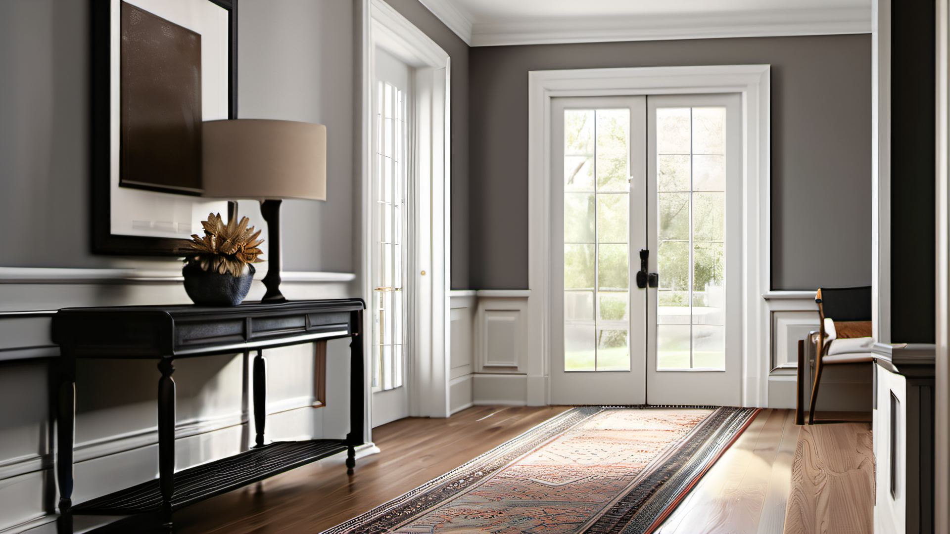 Elegant colonial hallway with warm gray walls, white wainscoting, French doors, and hardwood floors in an upscale Massachusetts home