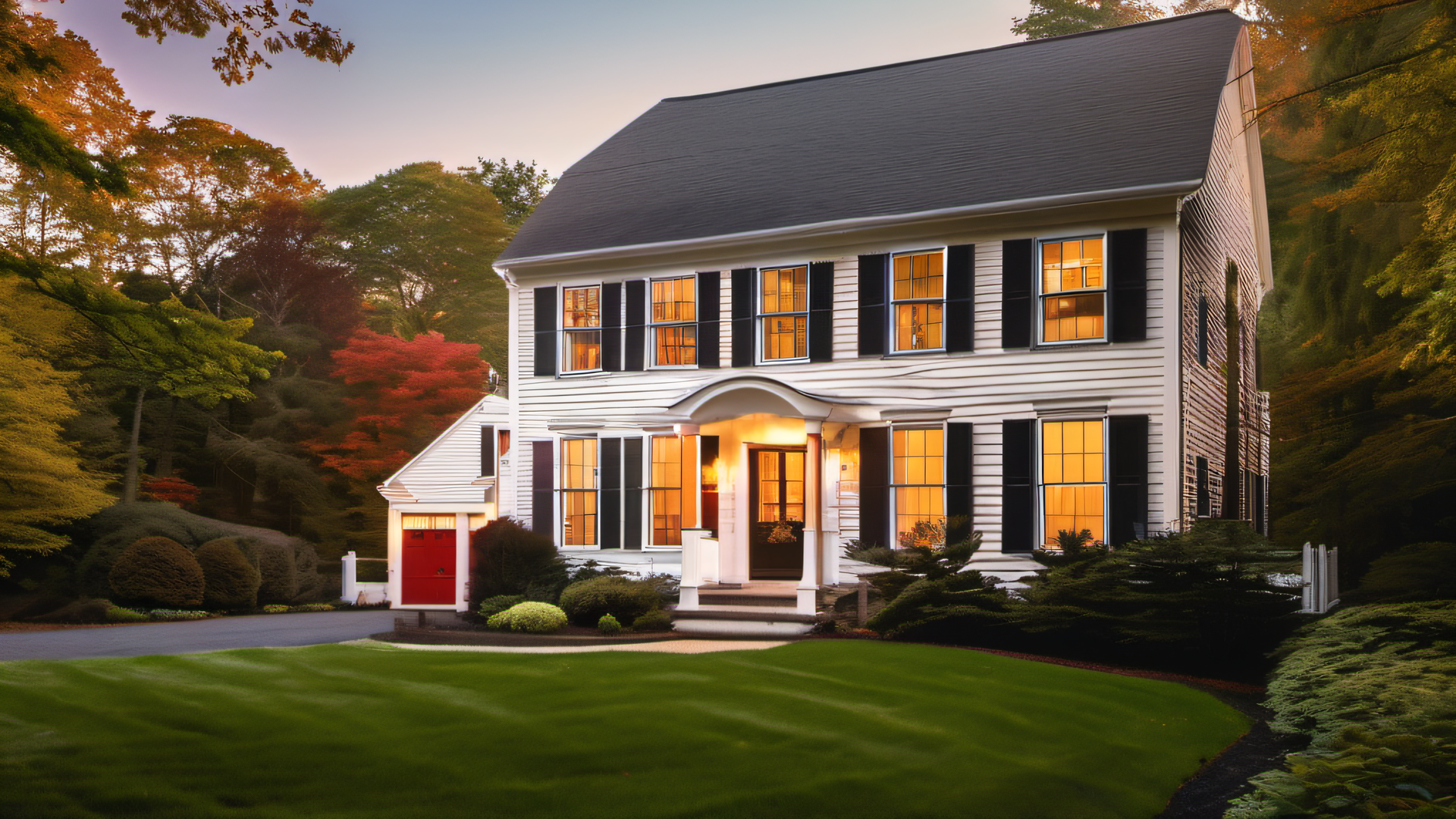 Freshly painted white colonial home with black shutters and red door in a Massachusetts neighborhood at golden hour