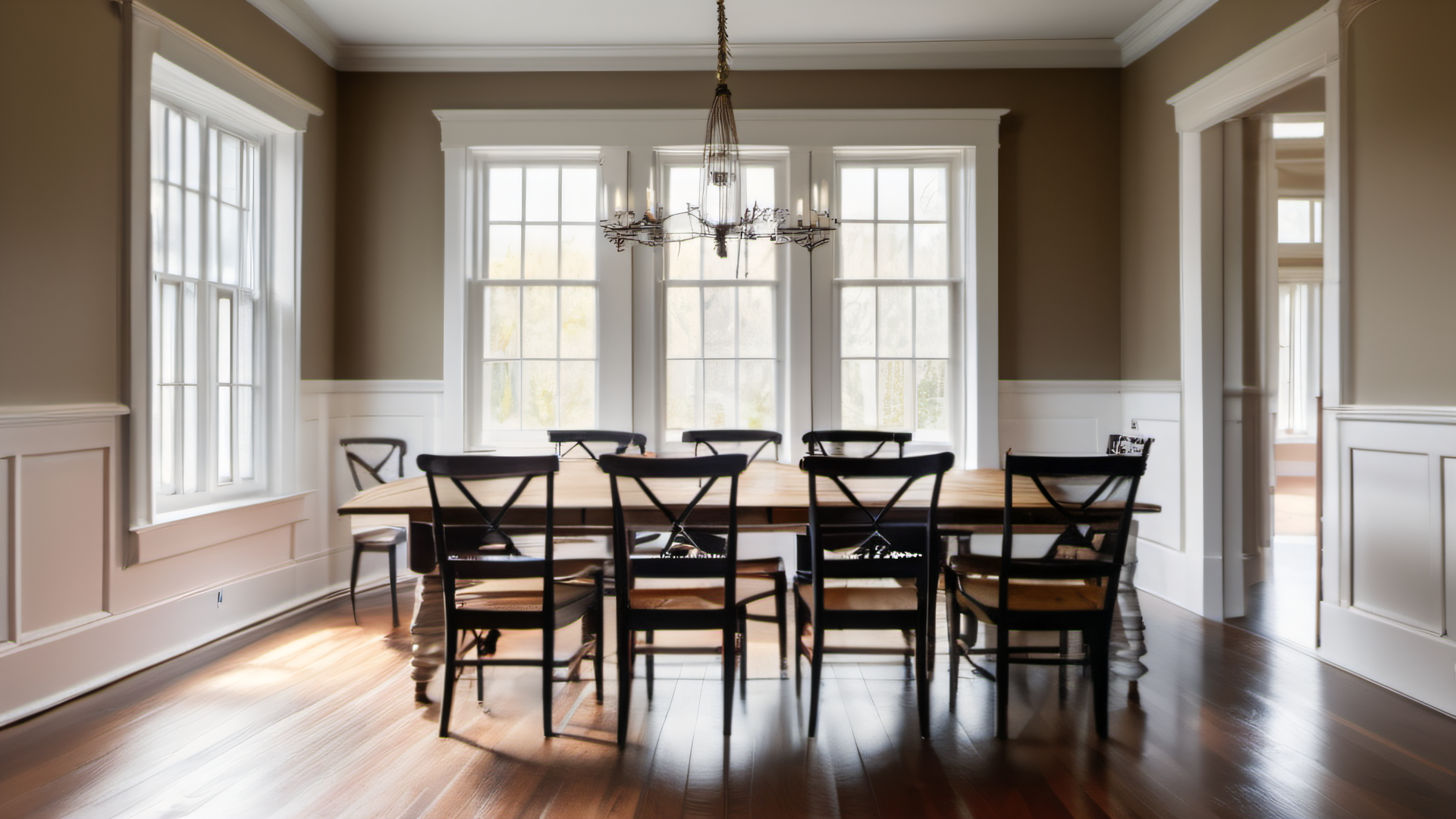 Upscale colonial dining room with wainscoting and cross-back chairs, walls ready for a fresh coat of paint in MetroWest Boston