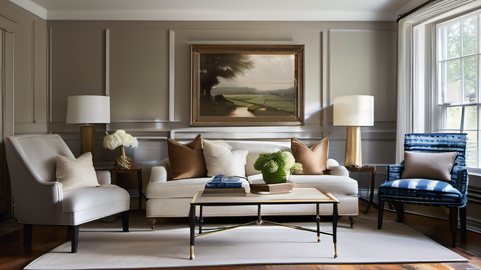 Freshly painted warm gray living room with natural linen furniture and afternoon light in an upscale MetroWest Boston colonial home