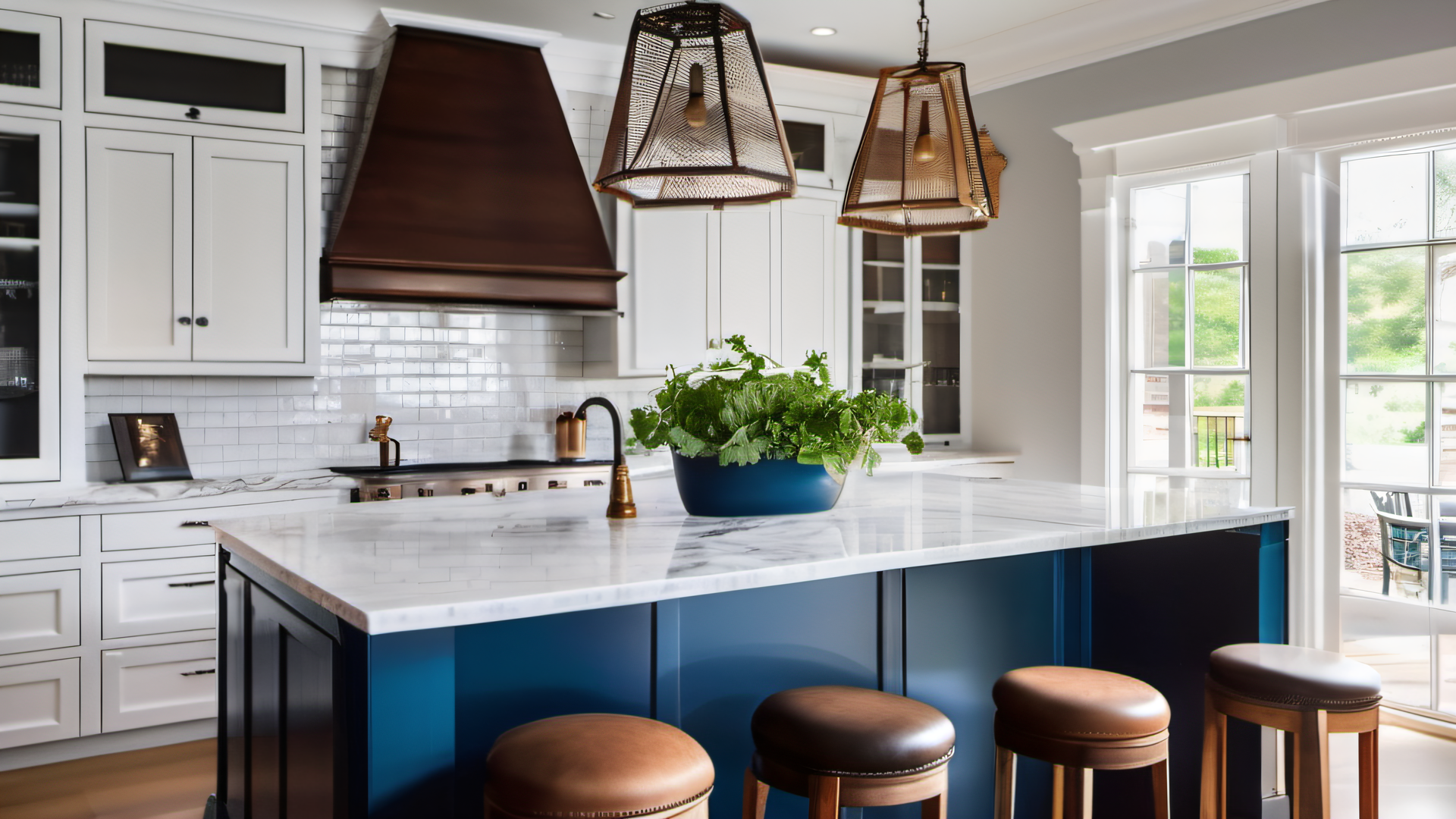 Professionally painted white shaker cabinets with navy island and marble countertops in an upscale MetroWest kitchen