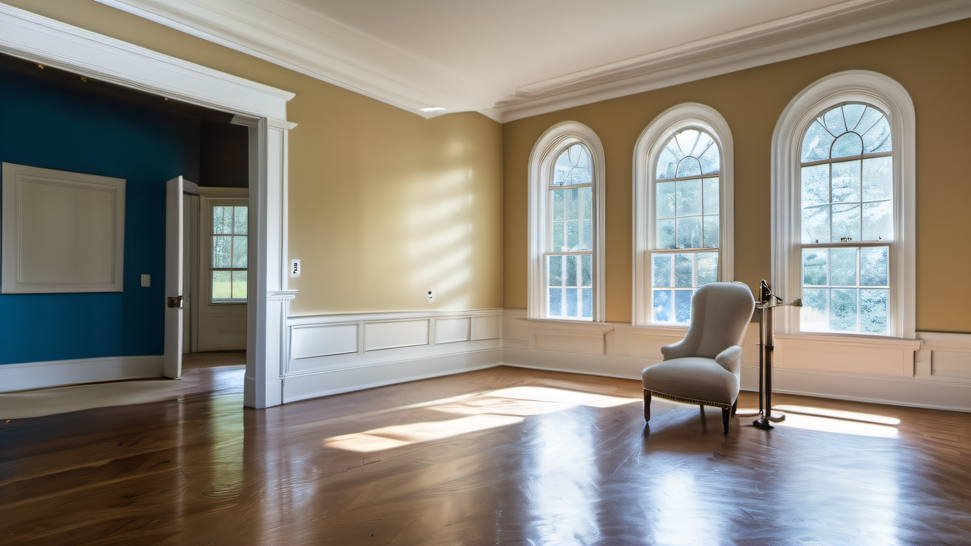 Upscale colonial living room with arched windows and wainscoting cleared and ready for professional painting in MetroWest Boston