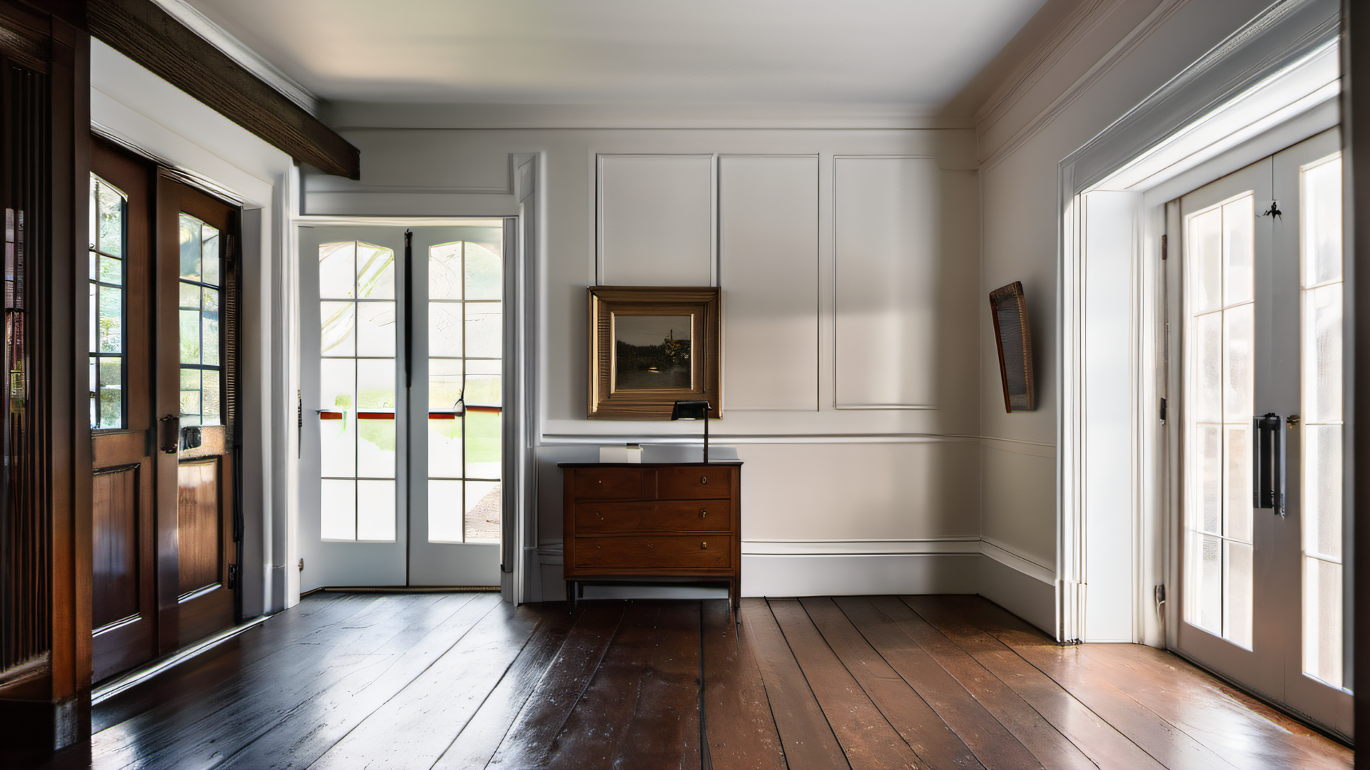 New England colonial living room with warm white walls, dark wood trim, and low natural winter light through double-hung windows