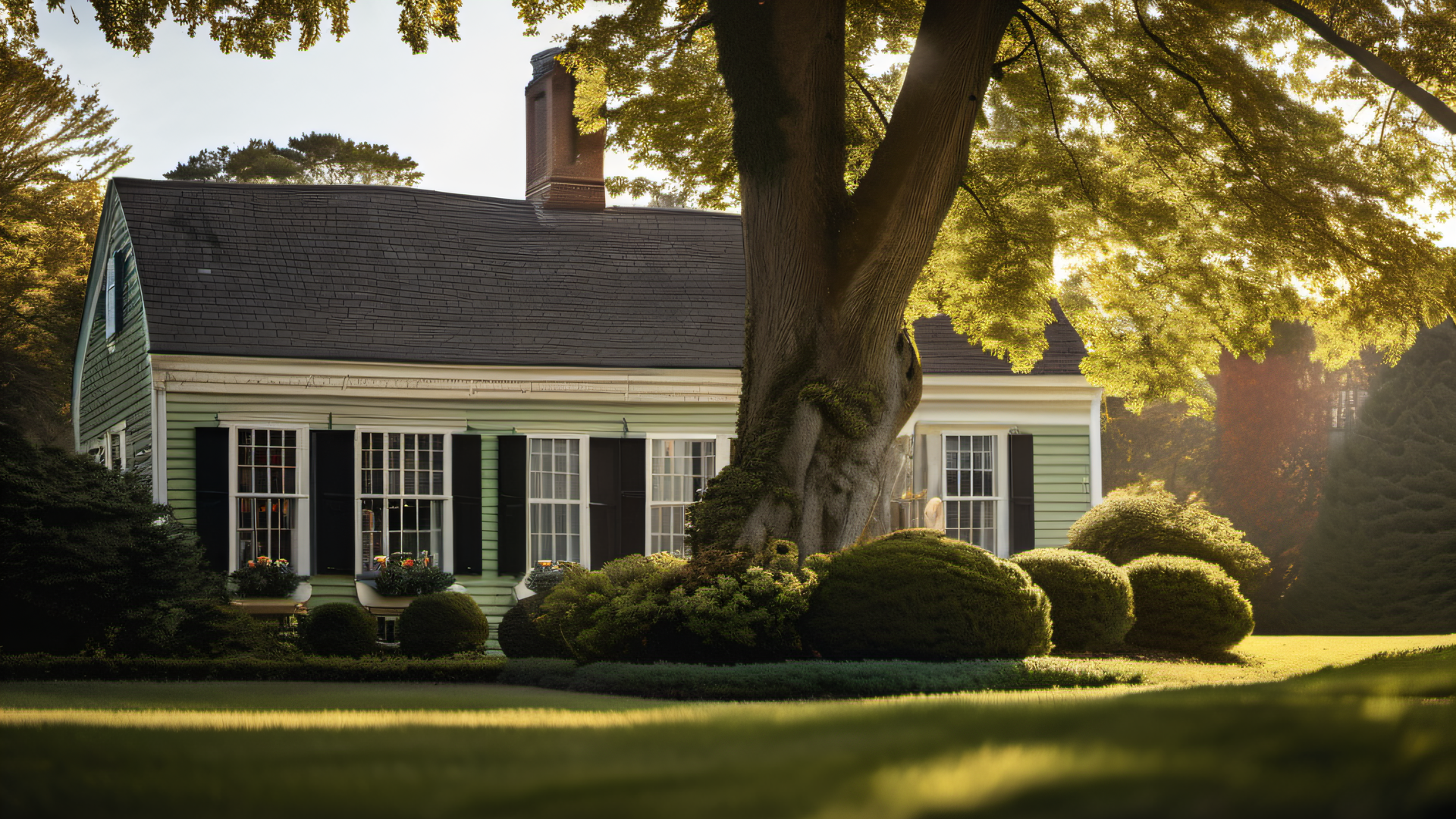 Freshly painted sage green colonial home exterior at golden hour in MetroWest Boston, crisp white trim and black shutters, Architectural Digest editorial quality