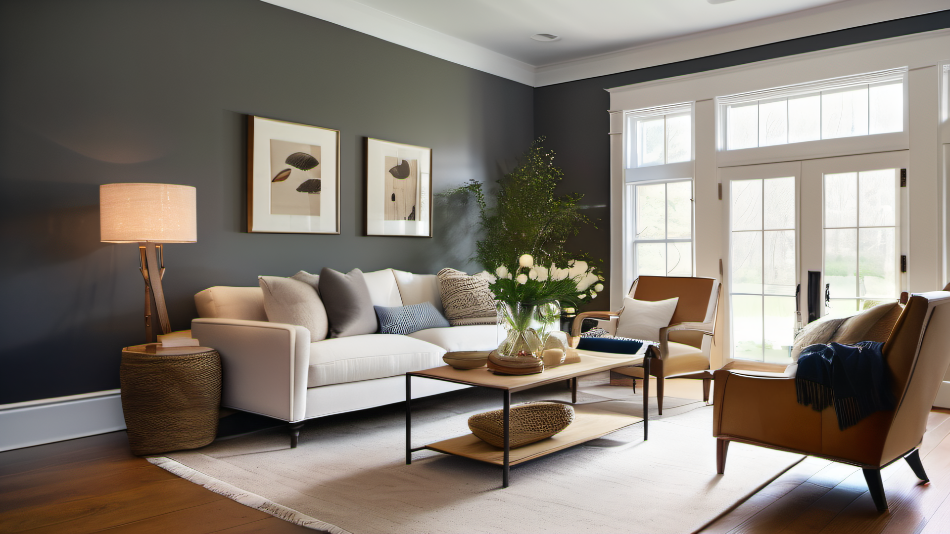 Staged living room with charcoal gray accent wall, cream sofa, and natural light in a colonial home prepared for sale