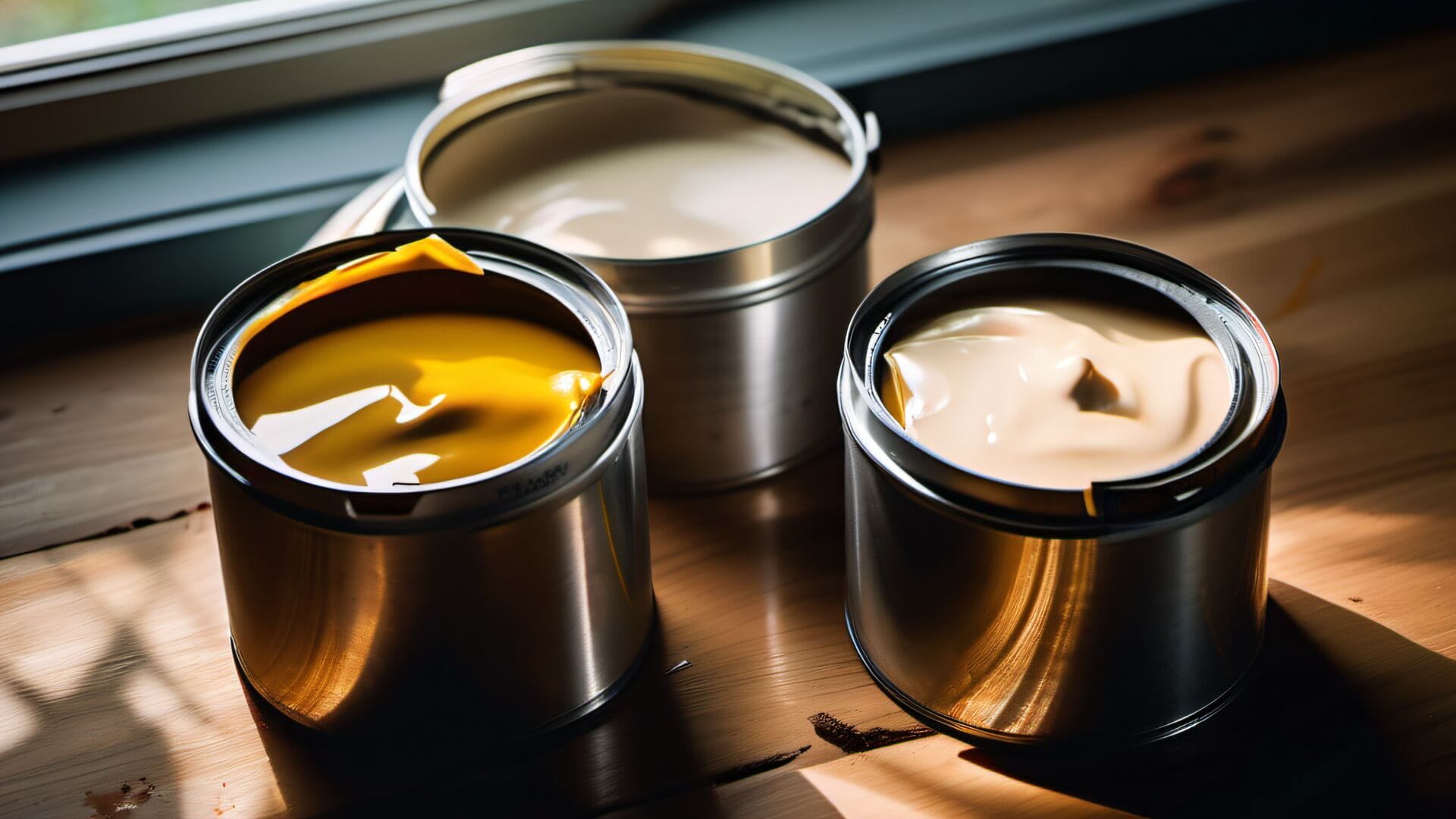 Open paint cans showing different quality paint textures on a wooden surface