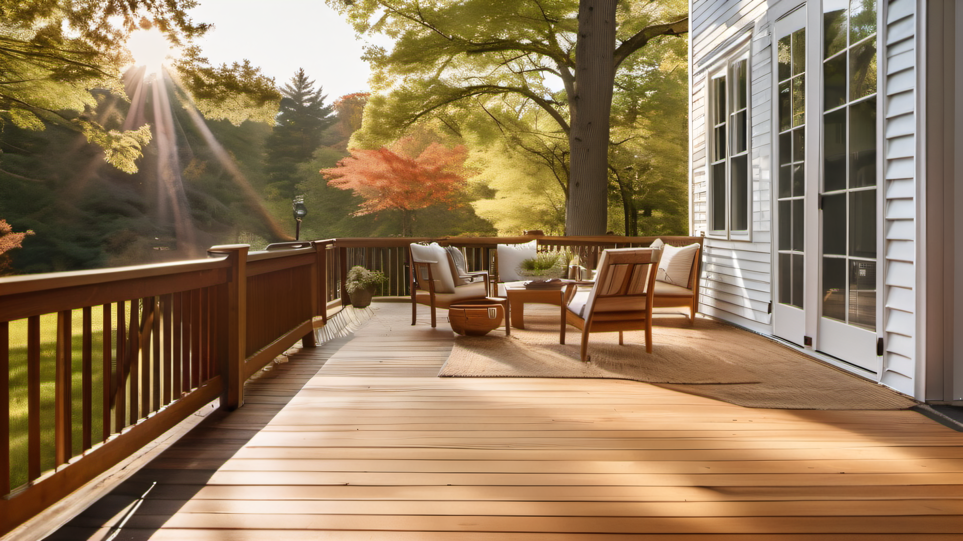 Freshly stained cedar deck on a New England colonial home in MetroWest Boston, warm honey semi-transparent stain, afternoon light filtering through mature oaks