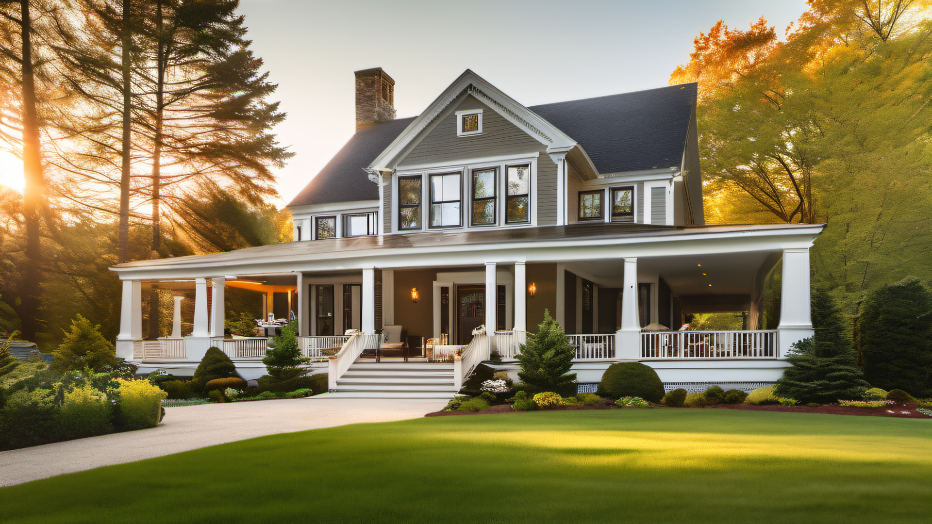 New England colonial home with large wraparound porch and freshly stained deck, white trim, spring landscaping, MetroWest Boston