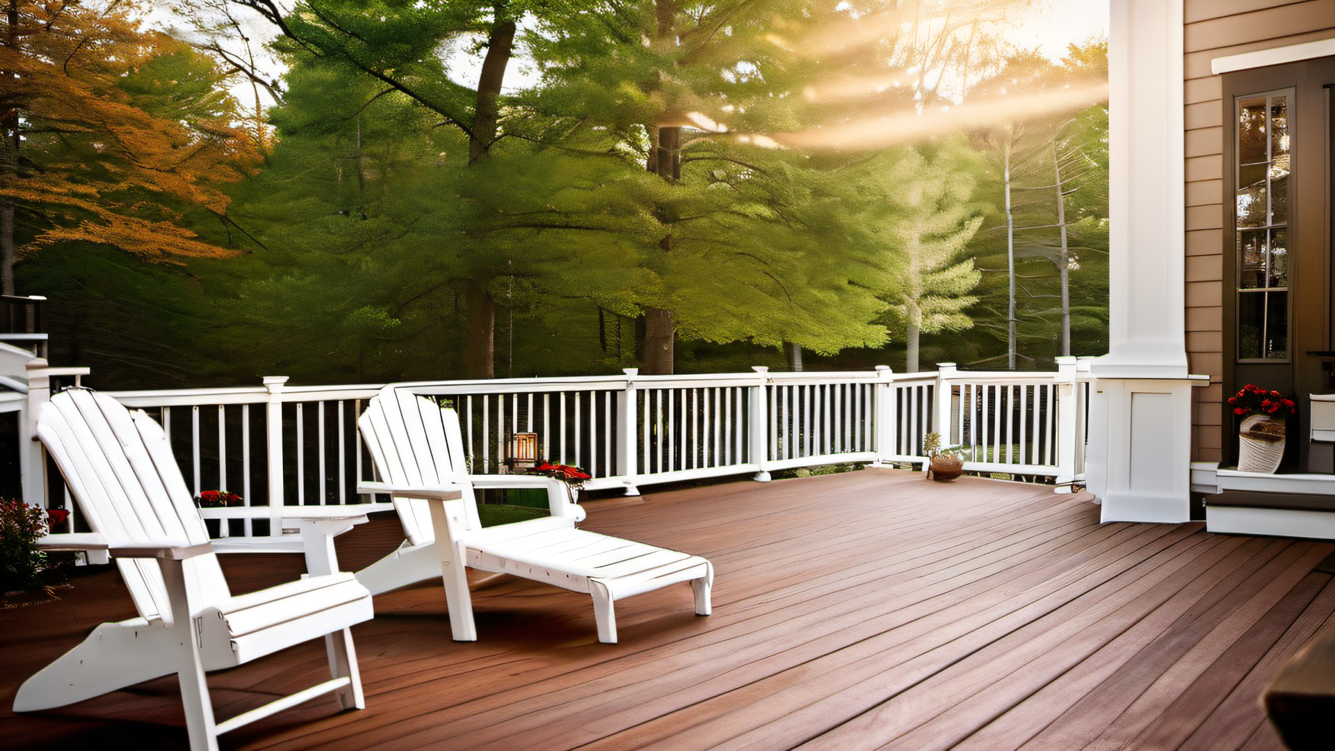 Large deck on a New England colonial home with white Adirondack chairs and freshly stained boards, spring afternoon light, MetroWest Boston