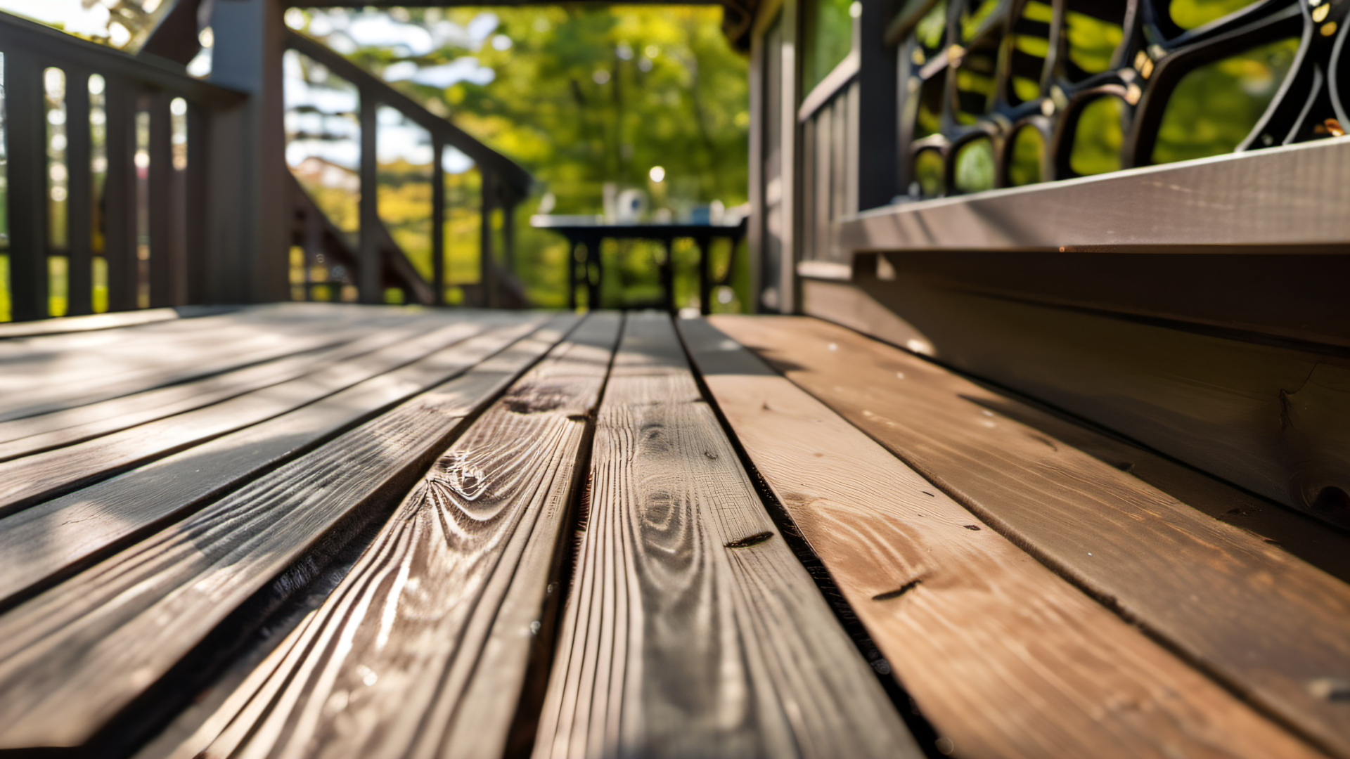 Weathered gray deck boards showing UV damage and worn stain on a Massachusetts home deck, ready for professional prep and restaining