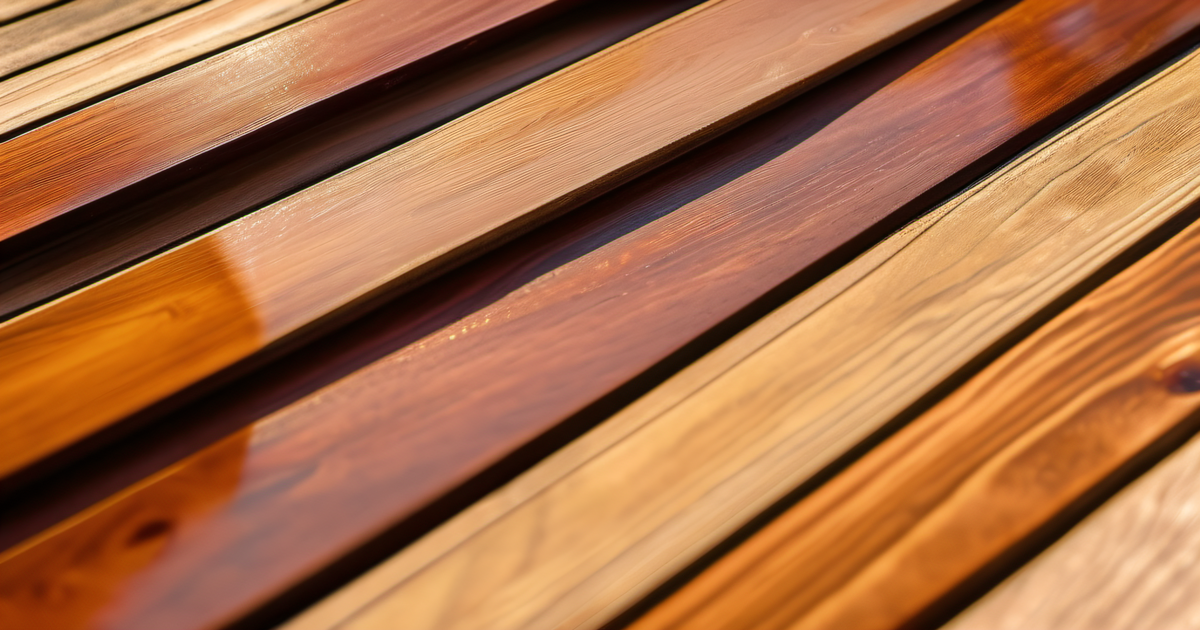 Close-up of cedar deck boards with warm semi-transparent stain preserving natural wood grain texture, MetroWest Boston residential deck