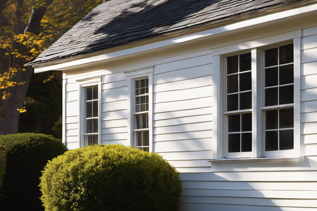 Exterior corner detail of a MetroWest colonial showing white clapboard siding meeting crisp corner boards and window trim, afternoon light casting clean shadow lines across the horizontal boards