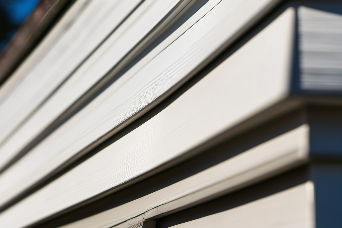 Macro detail of freshly painted white clapboard siding on a MetroWest colonial, raking sidelight revealing the smooth paint film texture and crisp shadow line beneath each horizontal lap board
