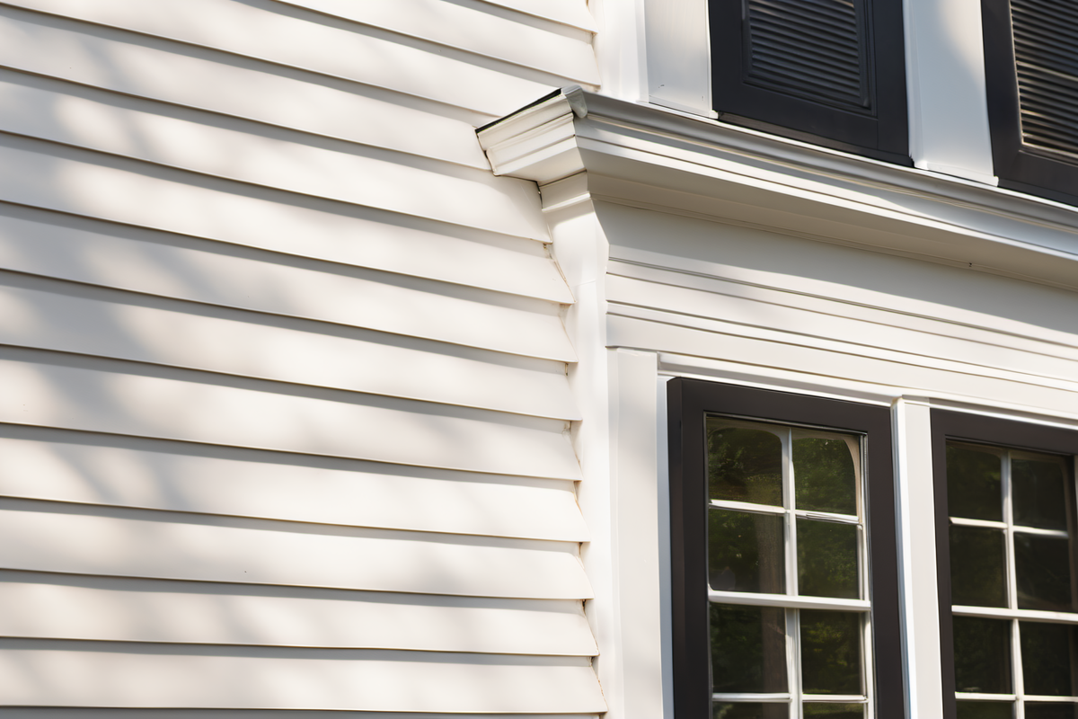Freshly painted white clapboard siding on a MetroWest colonial home, natural morning light highlighting the clean brushwork and horizontal board detail