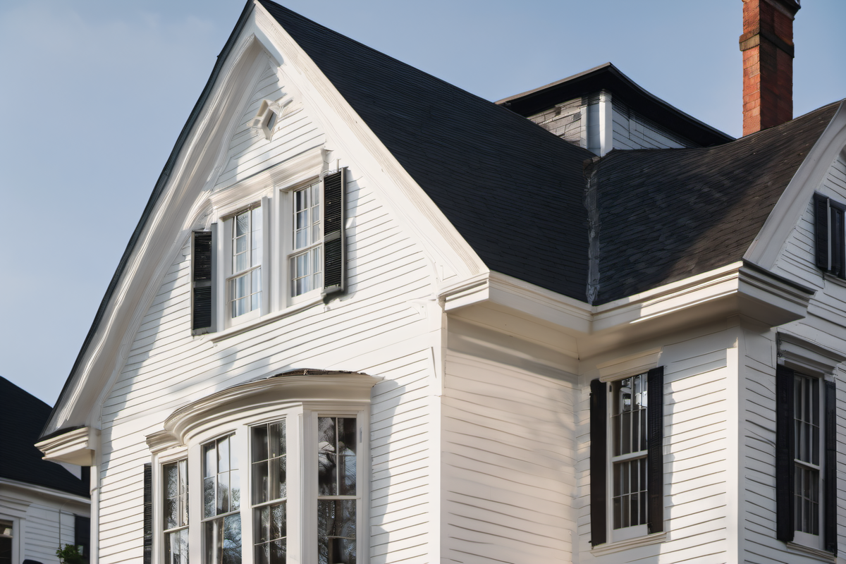 Architectural exterior corner detail on a MetroWest colonial, white clapboard siding meeting crisp corner boards and charcoal window trim, soft diffused overcast light revealing even paint coverage and smooth film across the facade plane