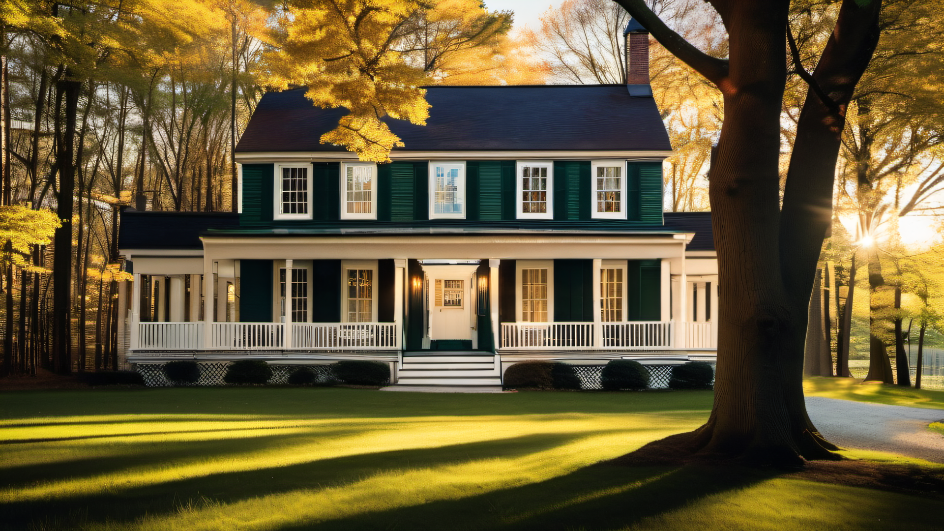 Stately New England colonial with freshly painted white clapboard siding and forest green shutters, golden hour light raking across the facade, mature oaks framing the home, MetroWest Boston