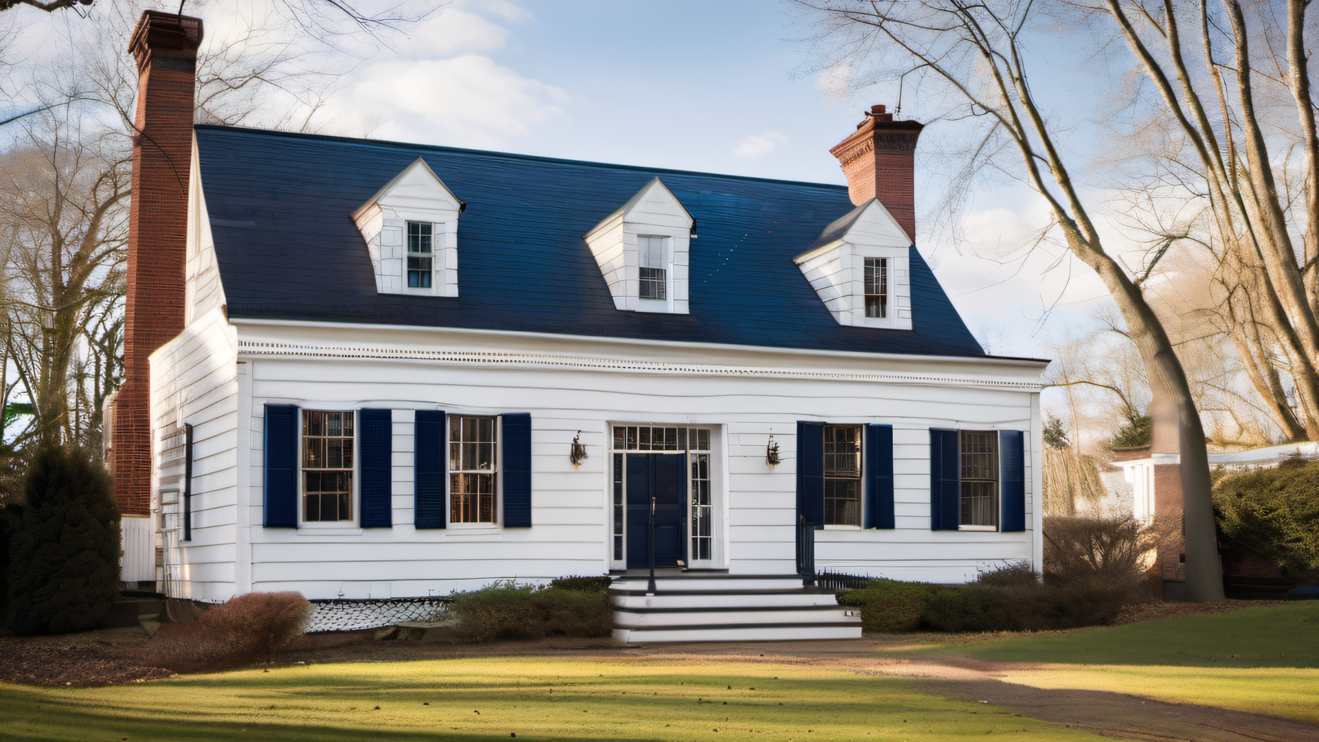 White colonial home exterior in early spring, MetroWest Boston, soft afternoon light on freshly painted clapboard siding with navy shutters