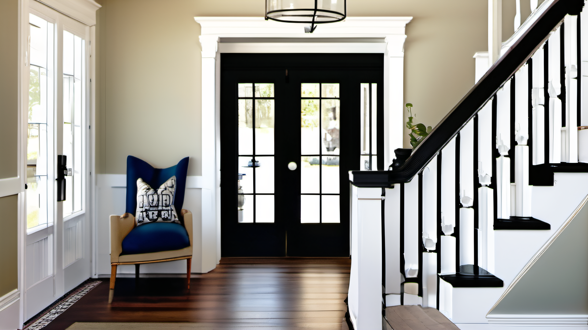 Freshly painted warm white entryway with dark hardwood floors and colonial staircase in a MetroWest Boston home