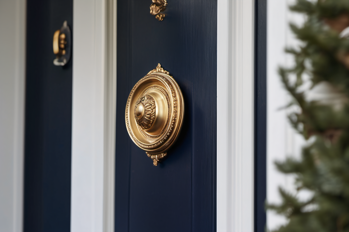 Freshly painted deep navy front door with crisp white pilasters and dentil crown molding on a MetroWest colonial home, antique brass hardware, satin sheen in afternoon light