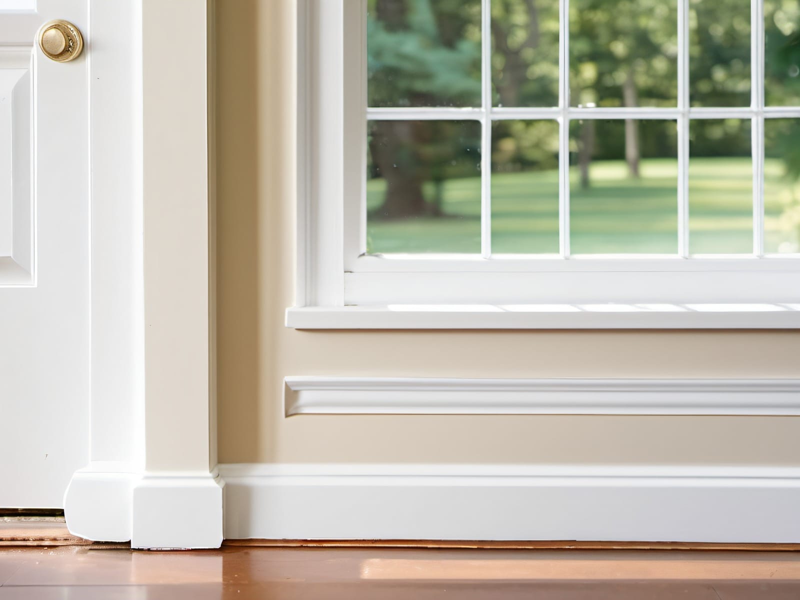 Crisp white trim and window casing detail on a New England colonial, bright natural light, MetroWest Massachusetts