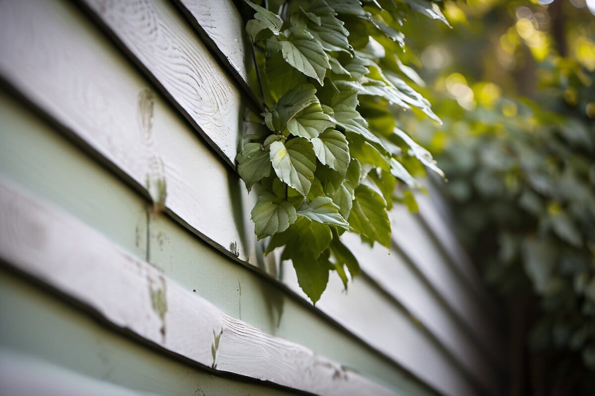 Moisture and moss on north-facing clapboard siding under mature tree canopy in a MetroWest Boston neighborhood