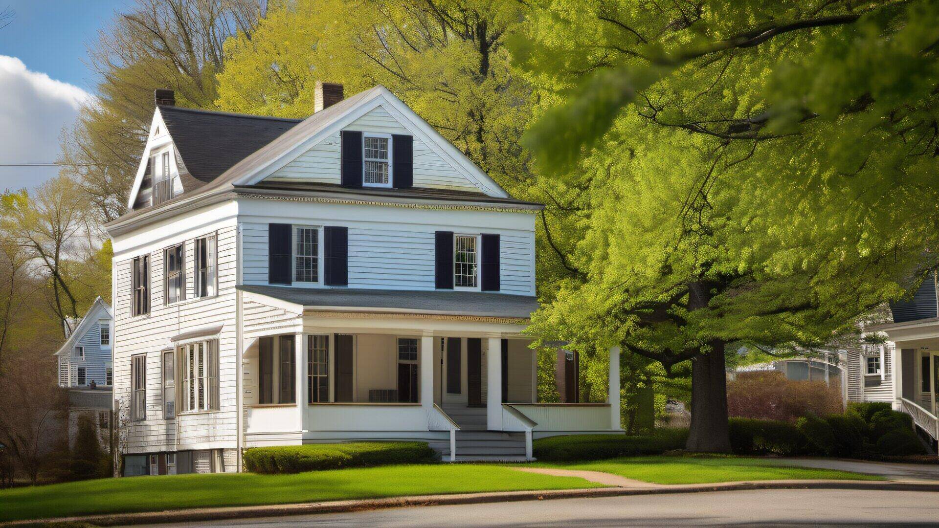 White colonial home exterior with mature spring trees in Holliston MA