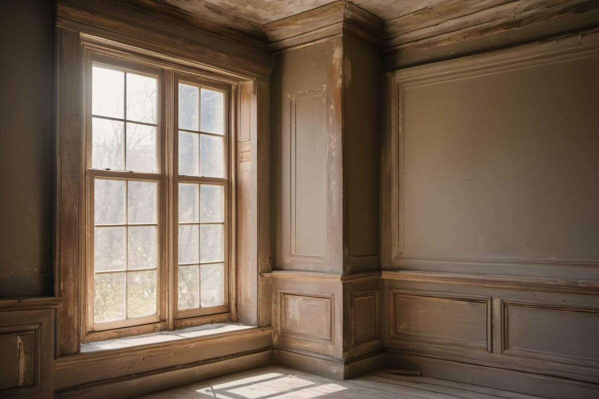 Paint prep work on colonial window trim in Holliston showing scraped wood ready for primer, spring daylight