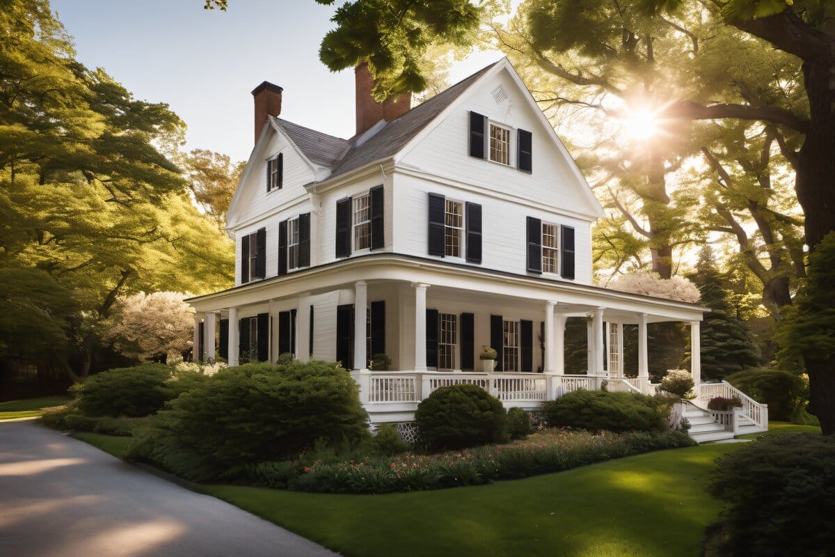 Freshly painted white colonial exterior with black shutters and spring landscaping in Holliston MA