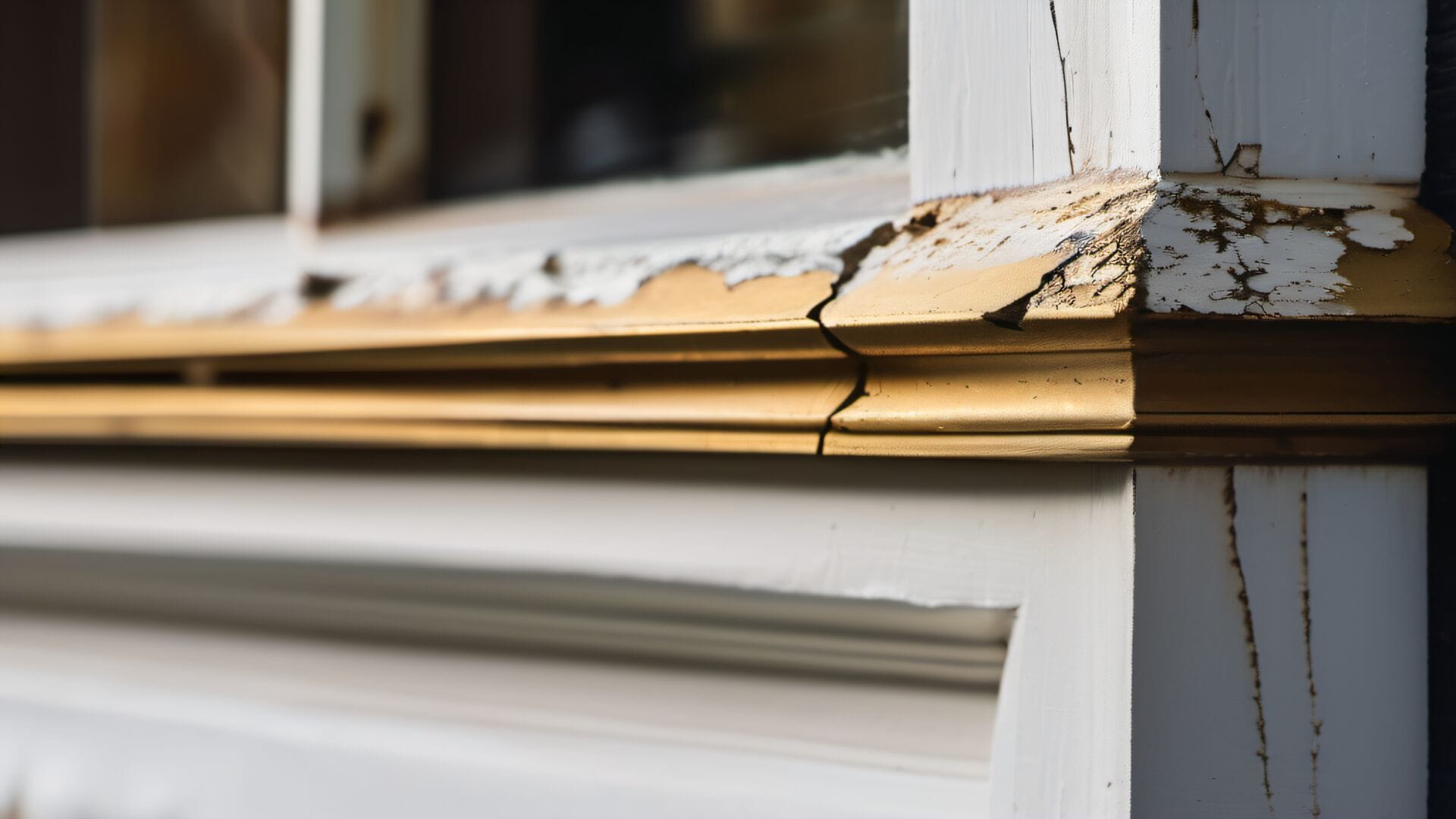 Cracked paint and weathered window trim detail on a Holliston colonial exterior