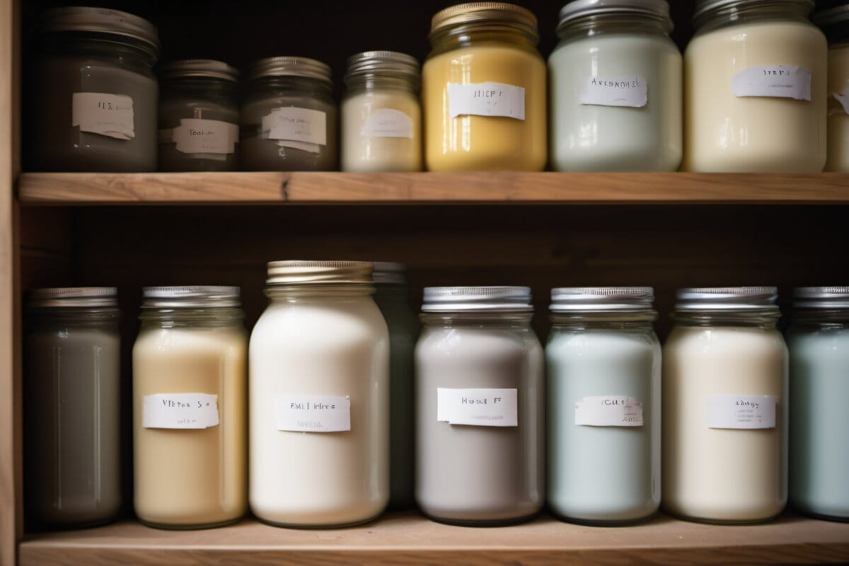 Labeled glass jars of leftover paint organized on a wooden shelf for proper storage in a New England home