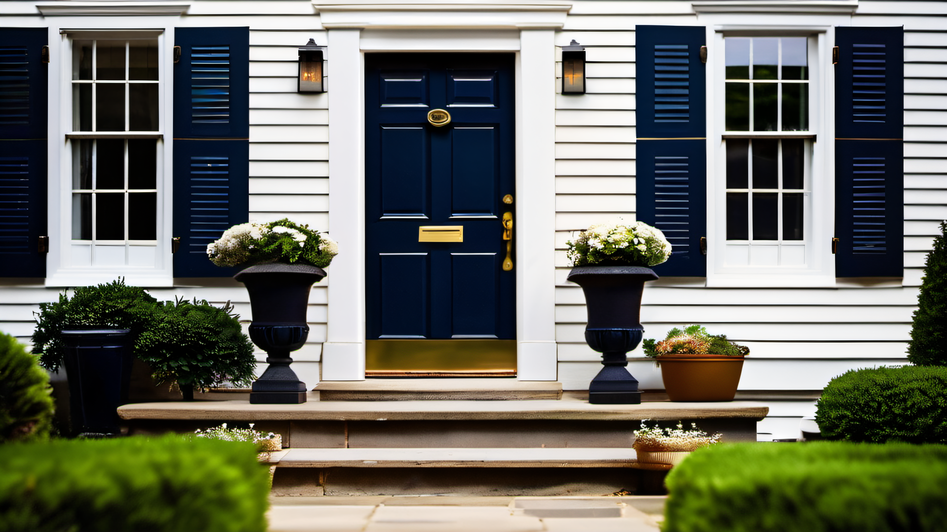 Navy blue front door with brass hardware on a white clapboard colonial home, spring landscaping and stone steps