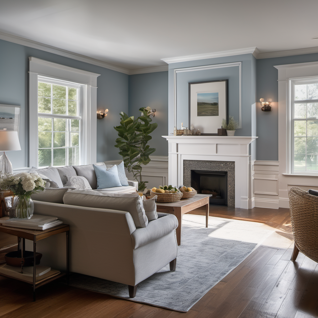 Historic Needham home interior with freshly painted white wainscoting and navy walls