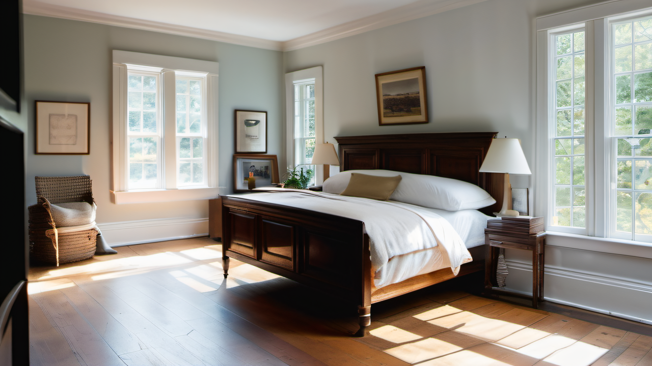 North-facing New England colonial bedroom with warm white walls and dark hardwood floors, soft cool daylight from small windows