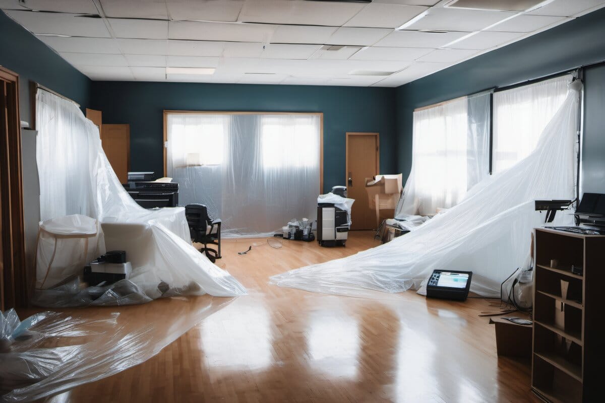 Office furniture professionally covered for after-hours commercial painting