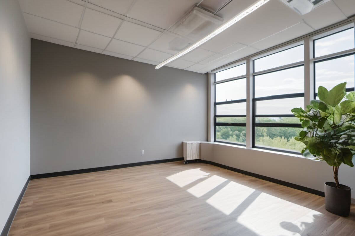 Freshly painted office wall in warm neutral gray with modern trim