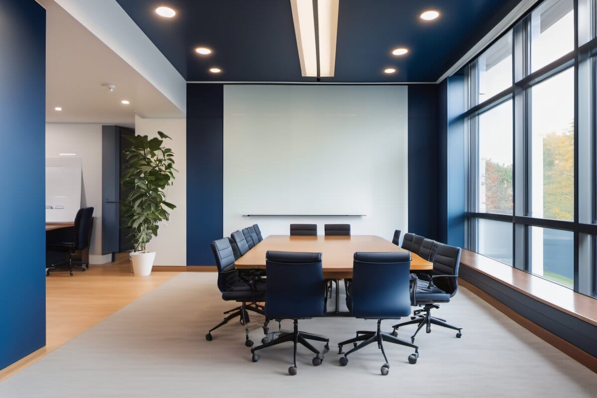 Conference room with freshly painted navy accent wall and glass walls