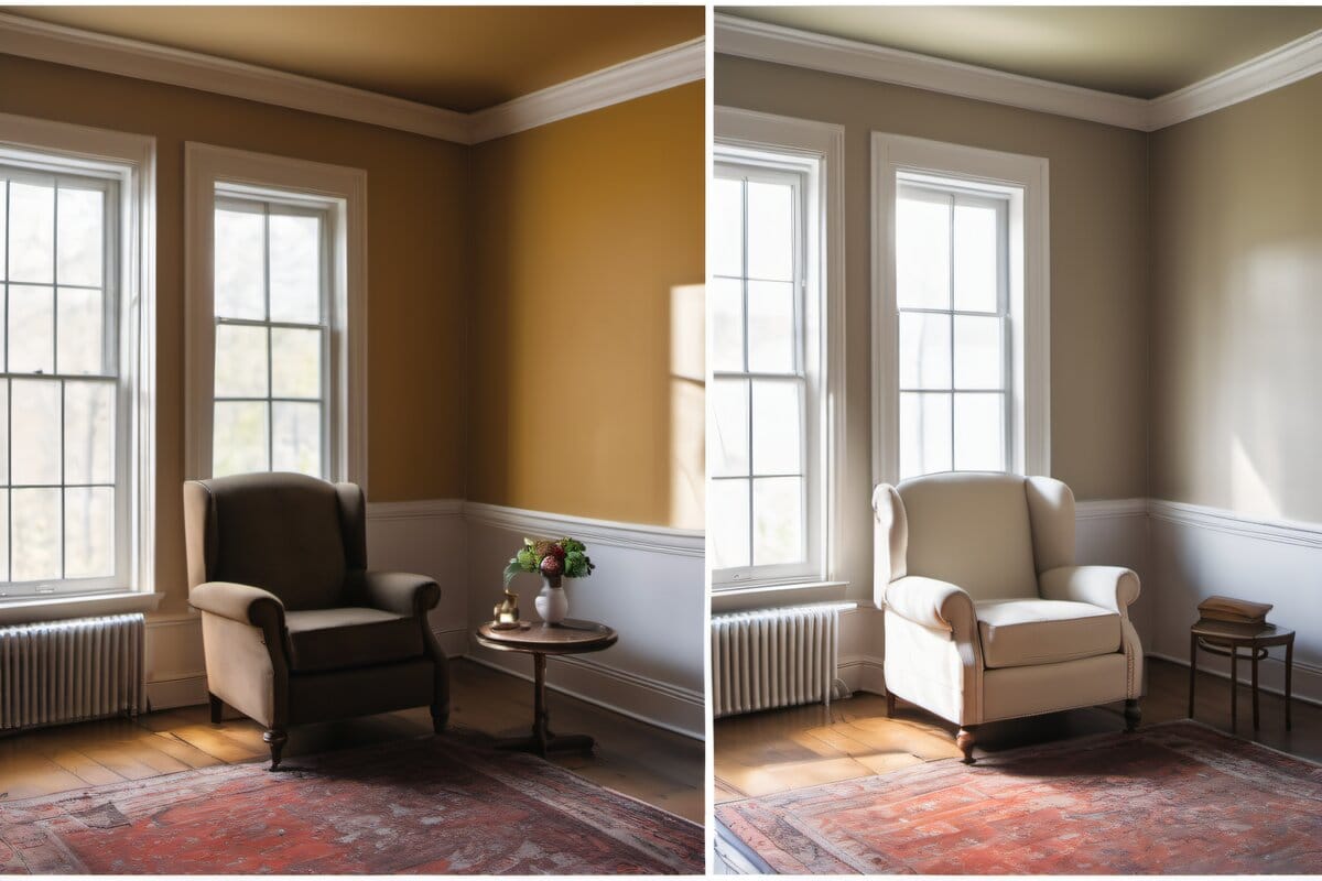 Wall comparison showing one coat versus two coats of interior paint