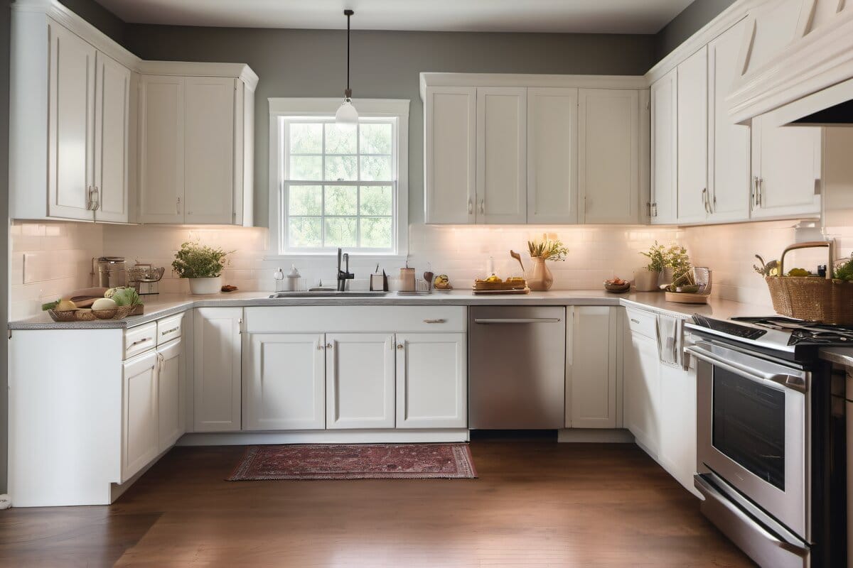 Freshly painted rental kitchen with white cabinets and warm gray walls in Holliston