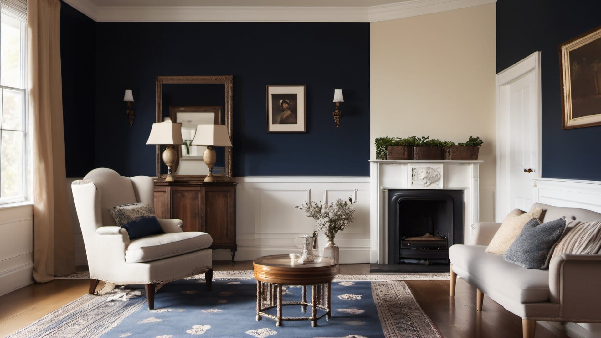 Interior room with dark navy wall and adjacent warm cream wall in a colonial home