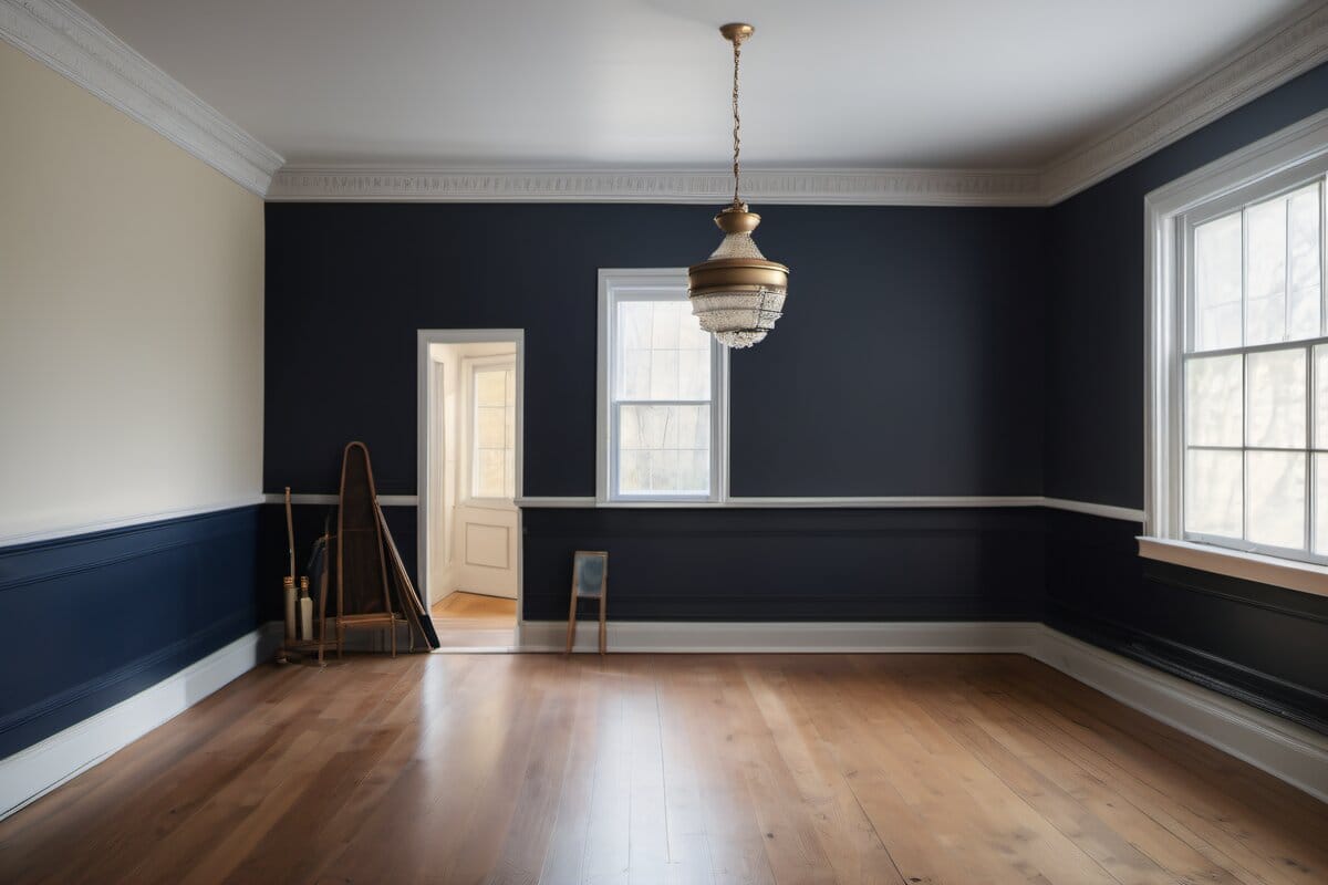 Three stages of painting over dark walls — dark, primer, and final light finish