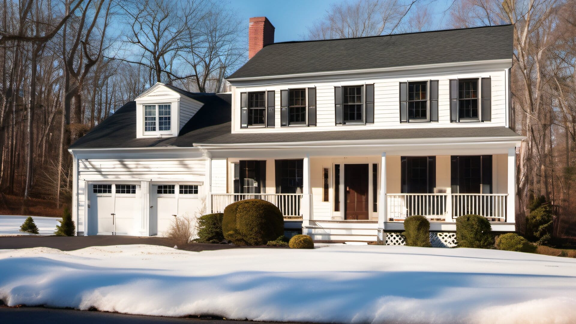 Classic two-story New England colonial approximately 2000 square feet with white clapboard siding and dark shutters