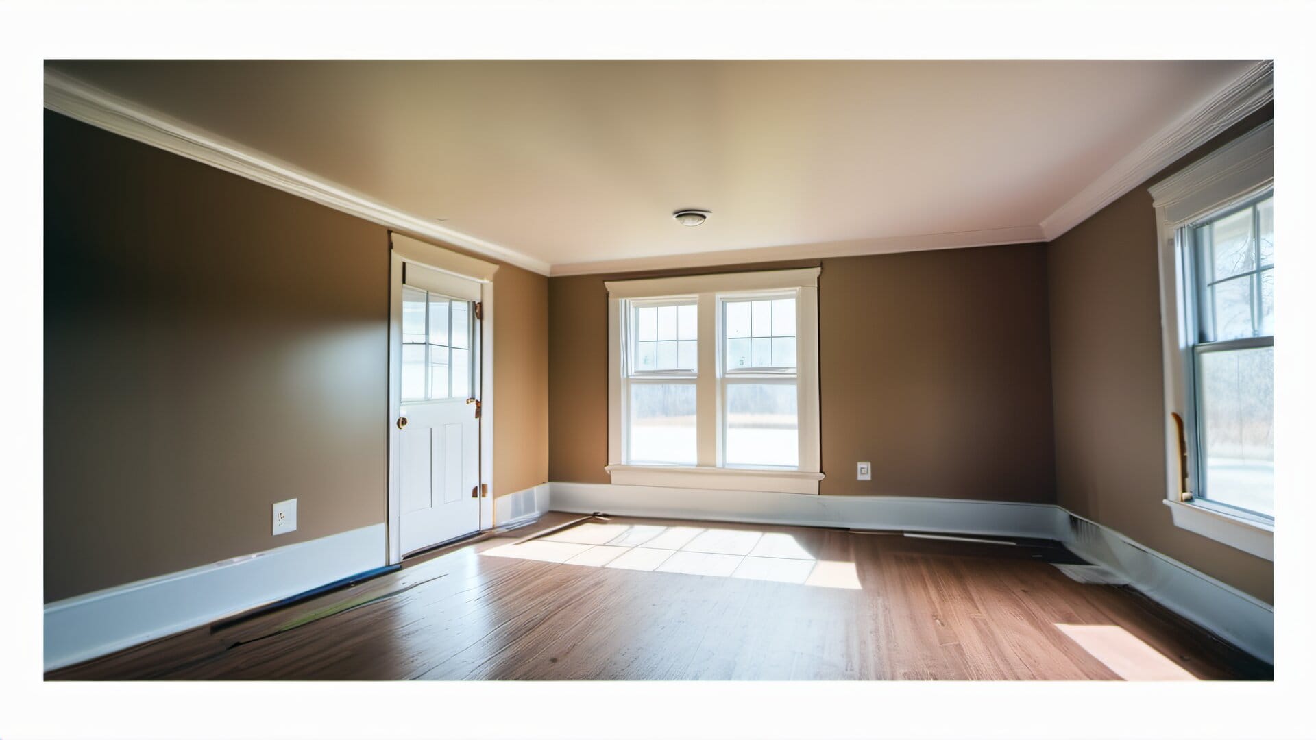 Interior room being painted with fresh warm white walls, painter's tape on trim, drop cloth on hardwood floors