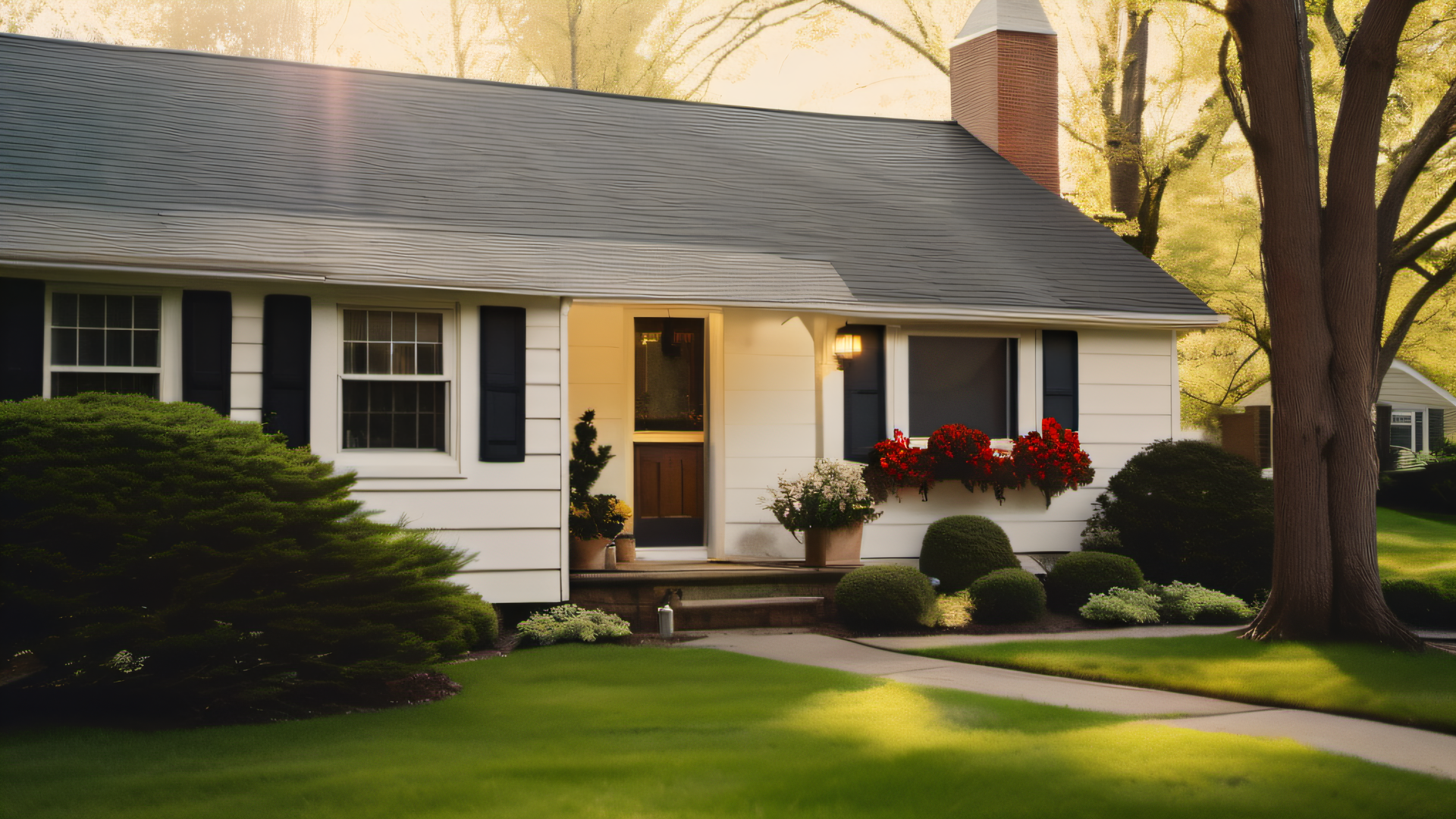 Freshly painted ranch home with white aluminum siding and navy shutters in a MetroWest Massachusetts neighborhood, spring landscaping