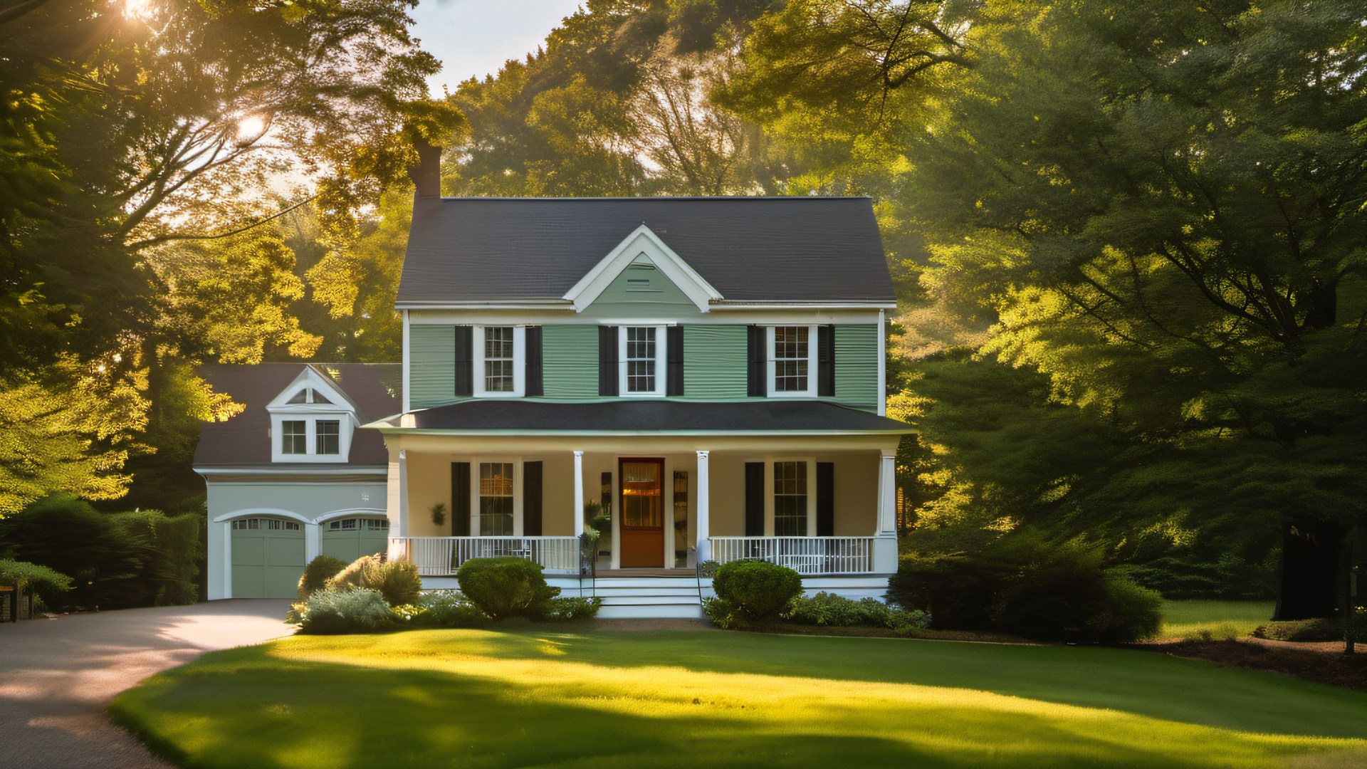 New England colonial home with freshly painted sage green aluminum siding, white trim, mature trees in golden hour light