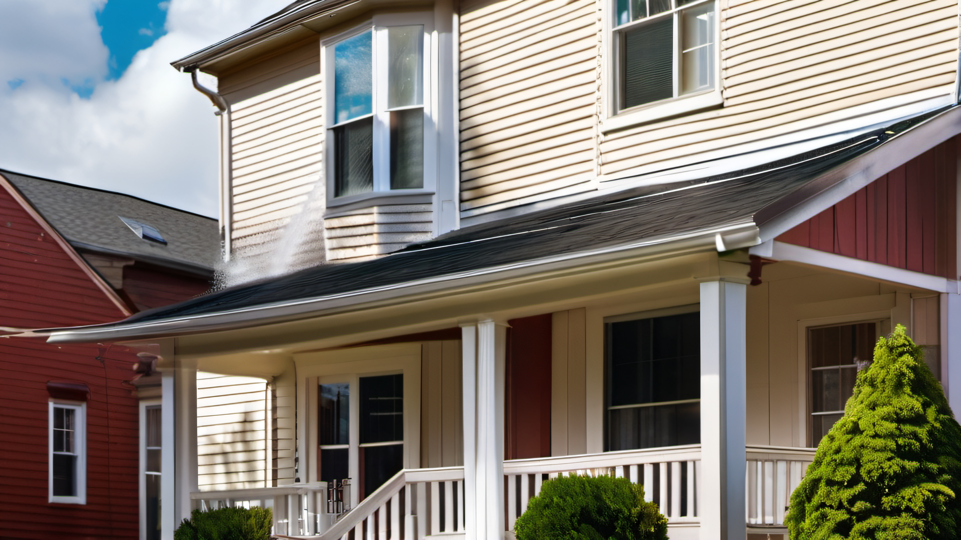 Two-story New England home with aluminum siding being pressure washed before painting, spring morning light