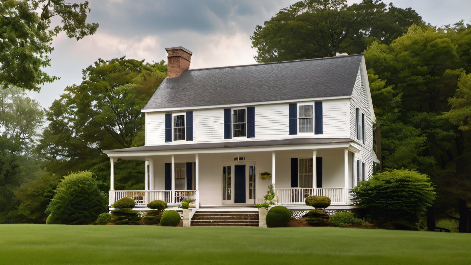Freshly painted white colonial with navy shutters after rain, storm clouds clearing, pristine acrylic paint finish