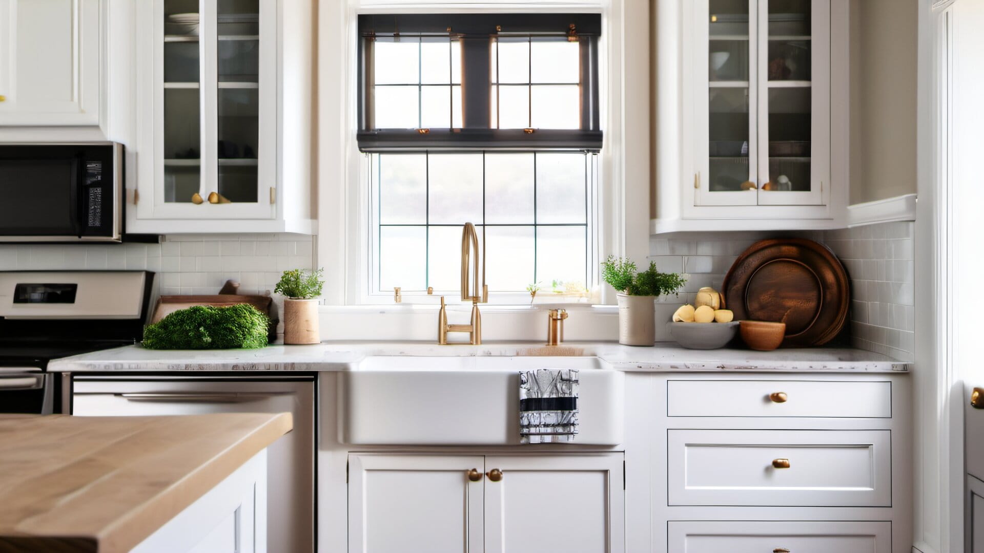 Beautiful white refinished kitchen cabinets with brass hardware, marble countertop, and subway tile in a New England colonial