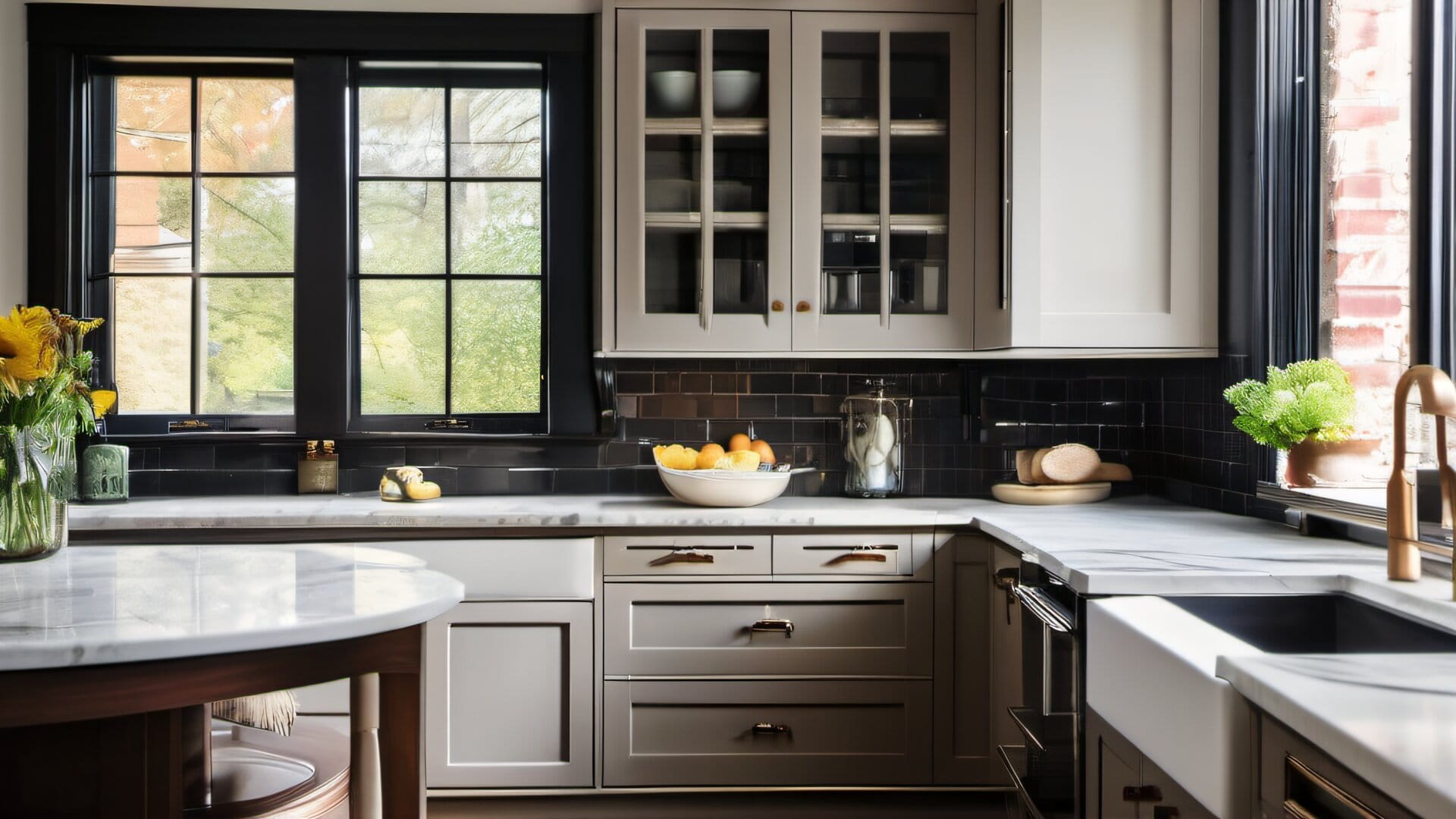 Dark stained kitchen cabinets being transformed to bright white in a modern farmhouse kitchen with natural light