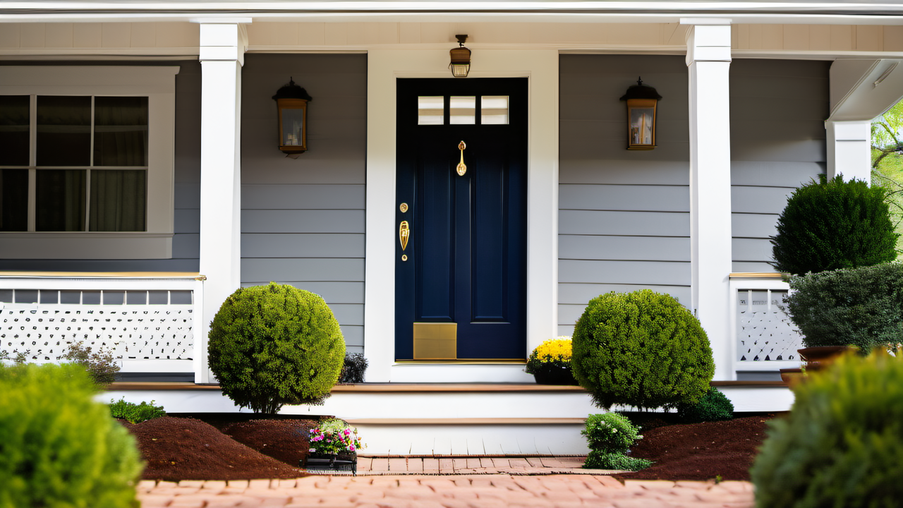 Colonial home front door painted deep navy blue with white trim surround and brass hardware, MetroWest Massachusetts, spring landscaping